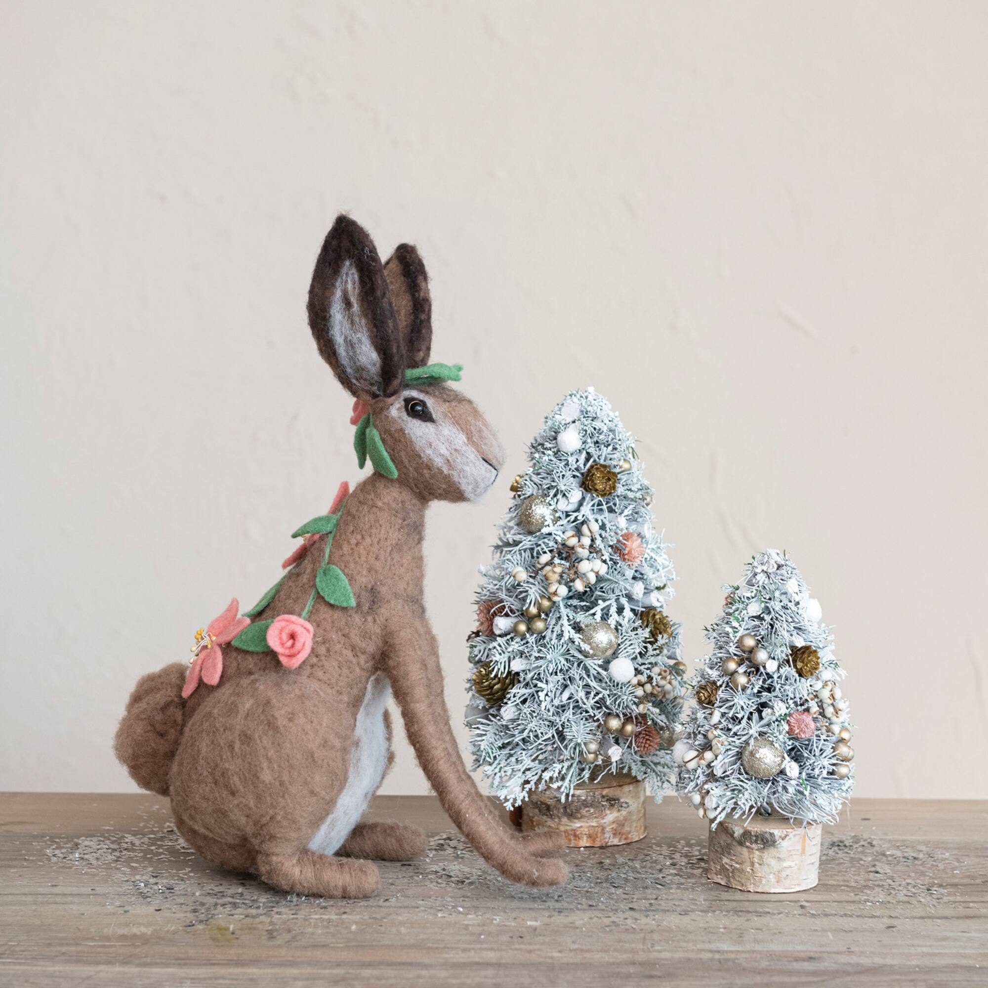 Hello Honey® 12.25" Frosted Ornaments, Pinecones & Glitter Christmas Tree with Wood Slice Base